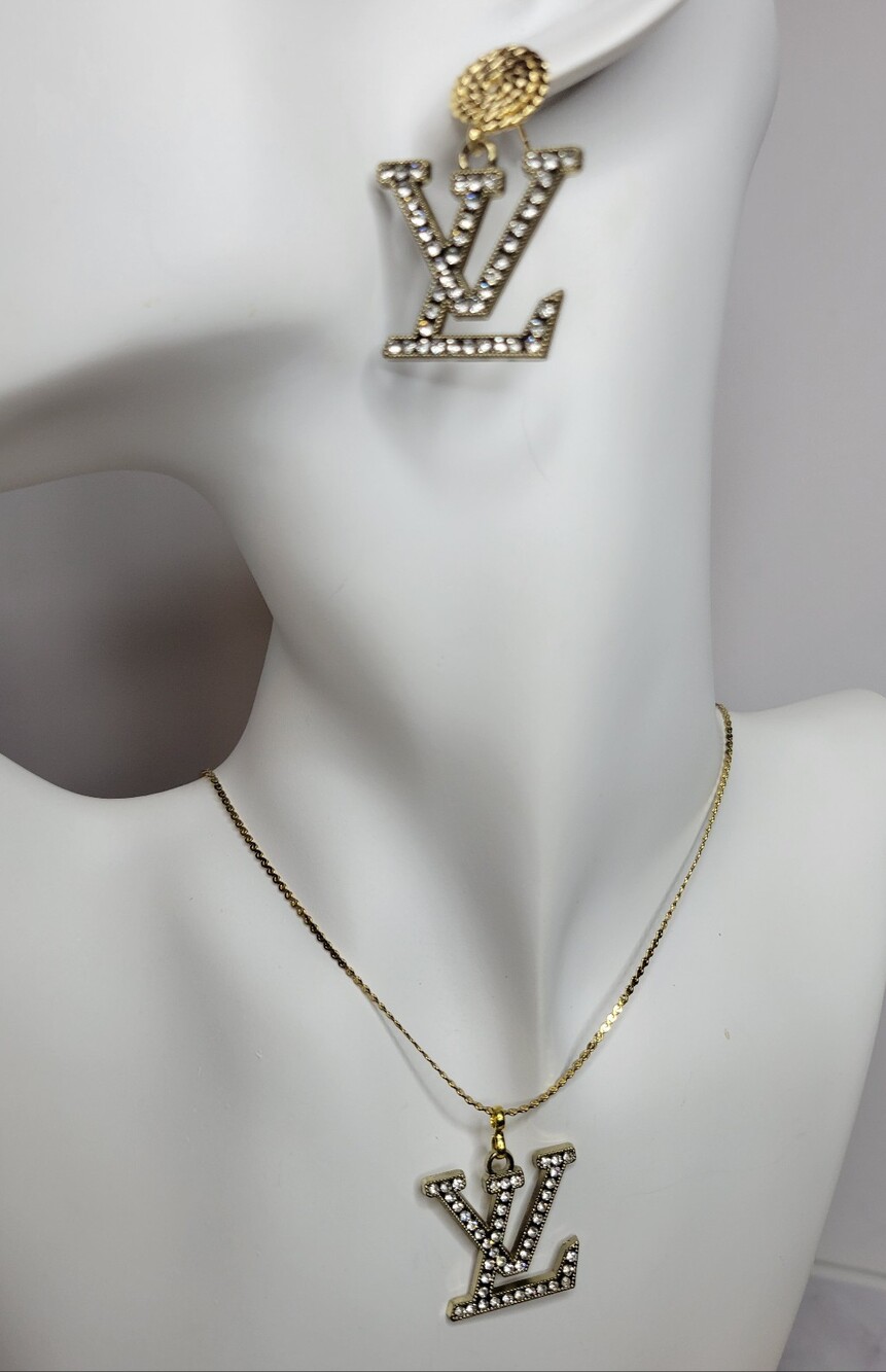 LV Crystal Gold Logo Necklace and Earrings Set